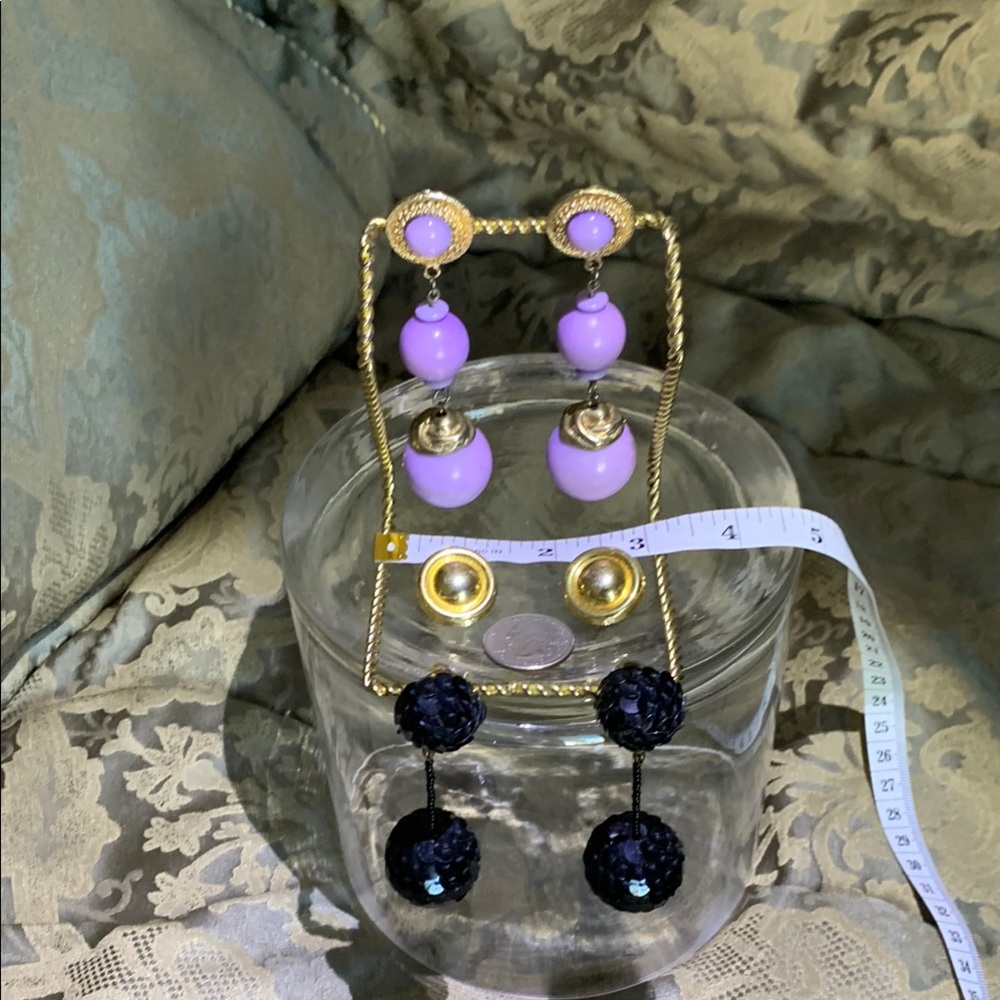 Vintage 3 PAIR: Fun & Elegant Purple and Black Dangle Earrings and Gold Clip-Ons